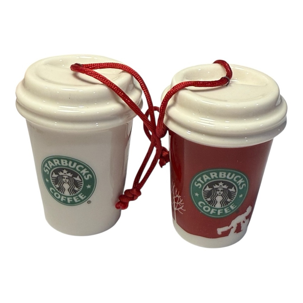 Starbucks Holiday 2006 Ceramic Cup Ornaments – Set of 2 – Rare Red & White